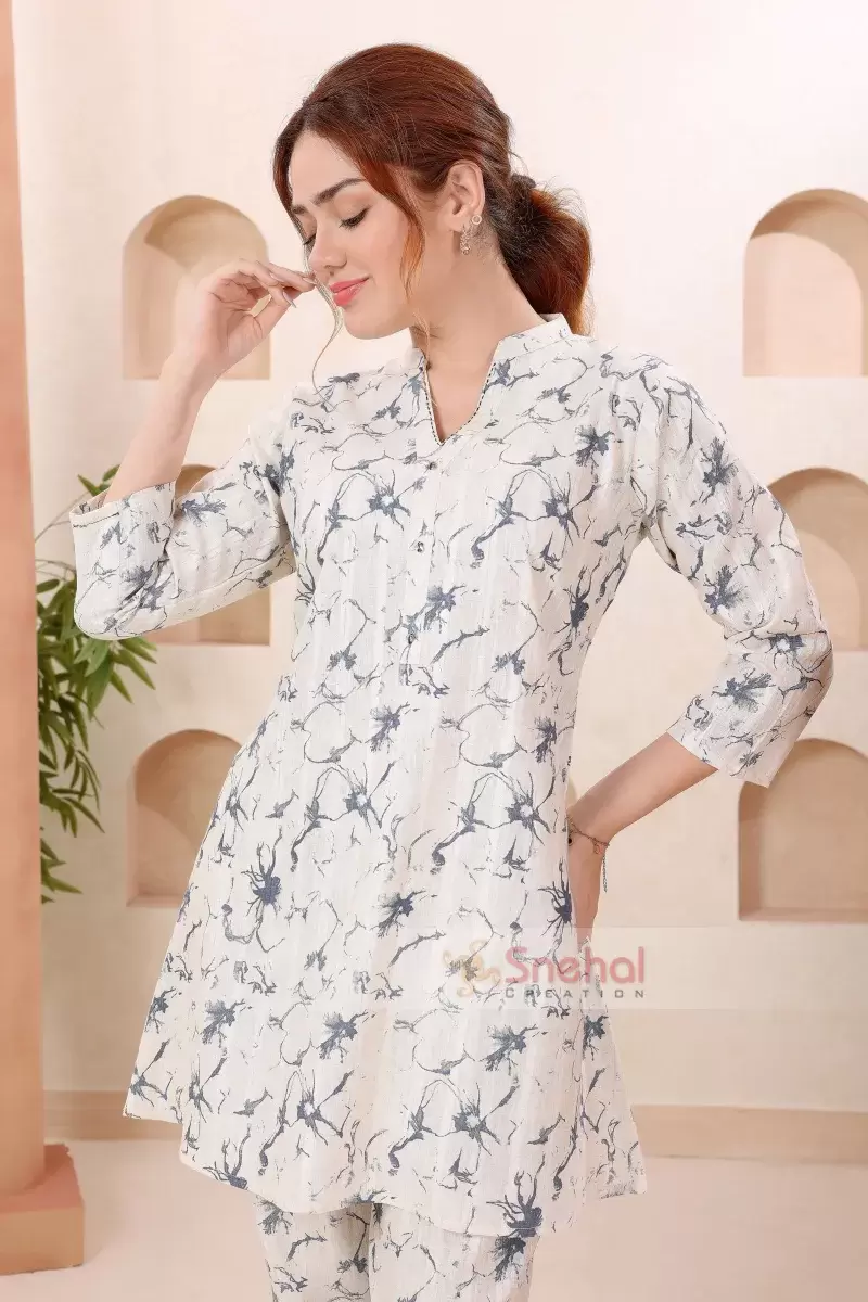 Designer Co Ord Set Blue Abstract Print Ban Collar Coord Set , 100% Pure Cotton Blue Colour